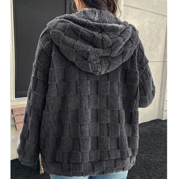 Plus Solid Dusty Blue Checkered zip up Drawstring Hoodie Jacket - Picture 9 of 10